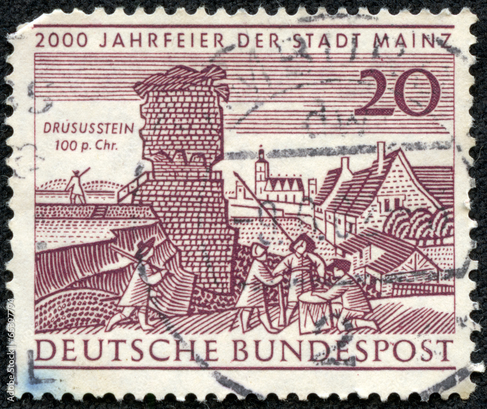stamp shows Drusus Stone and Old View of Mainz