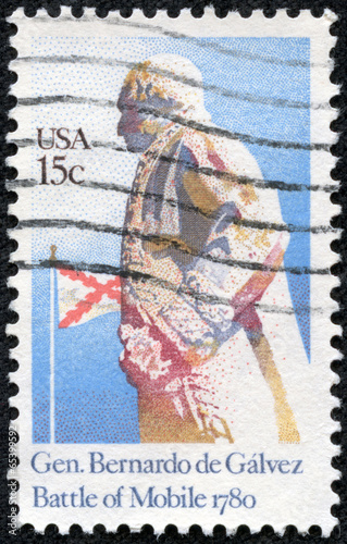 stamp printed in USA shows image of Gen Bernardo De Galvez
