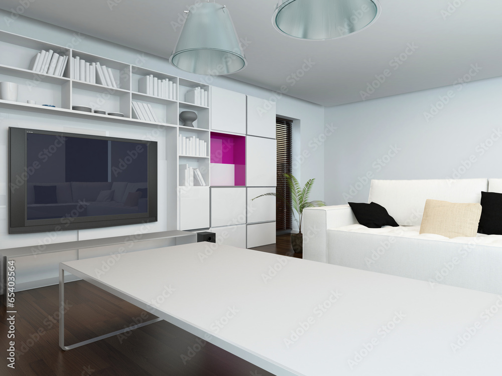 Modern living room with built in cabinets