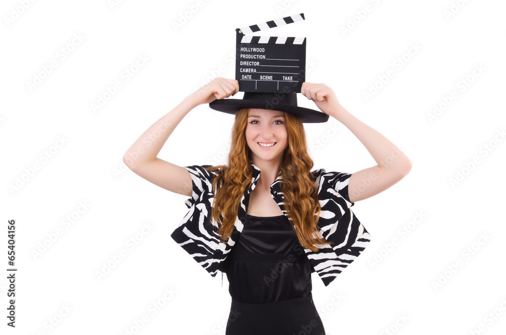 Young woman with movie clapboard isolated on white