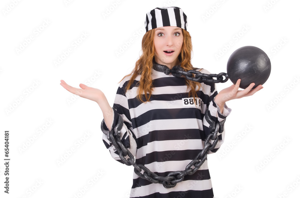 Prisoner in striped uniform on white