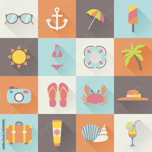 set of flat beach summer holiday icons