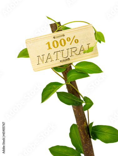 Fototapeta Naklejka Na Ścianę i Meble -  100 percent natural sign message on a wooden panel and green pla