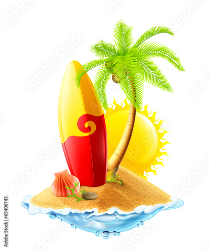 Surfboard and tropical island, vector illustration