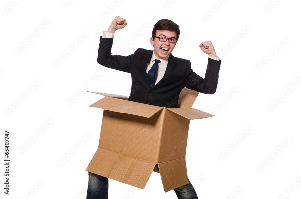 Funny man with boxes isolated on white Funny man with boxes isolated on white