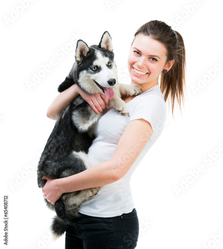 happy young girl and dog Husky