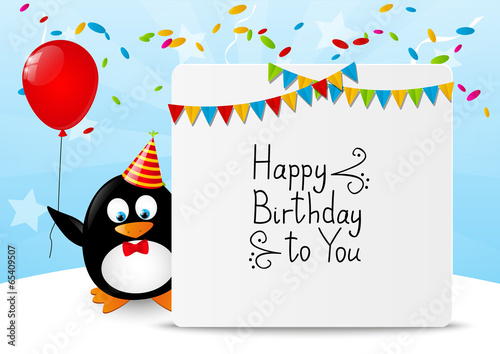 Funny penguin with Birthday banner