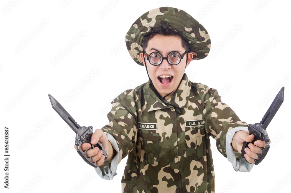 Funny soldier with knife on white Funny soldier with knife on white