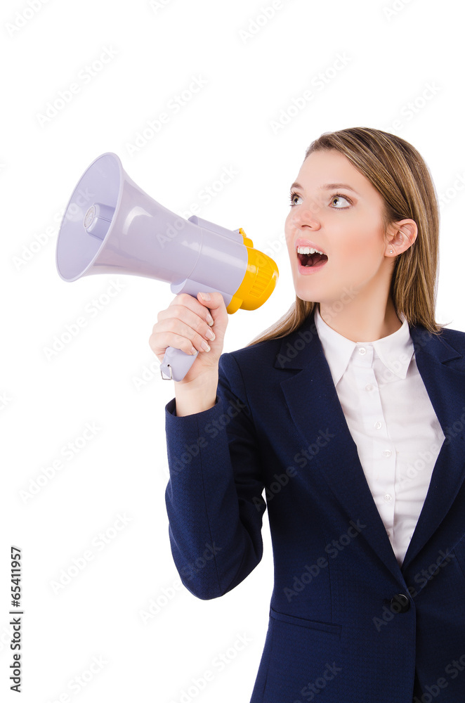 Woman with loudspeaker on white Woman with loudspeaker on white