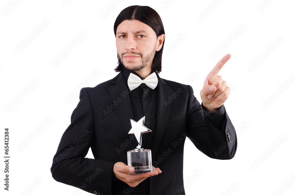 Businessman with star award isolated on white Businessman with star award isolated on white