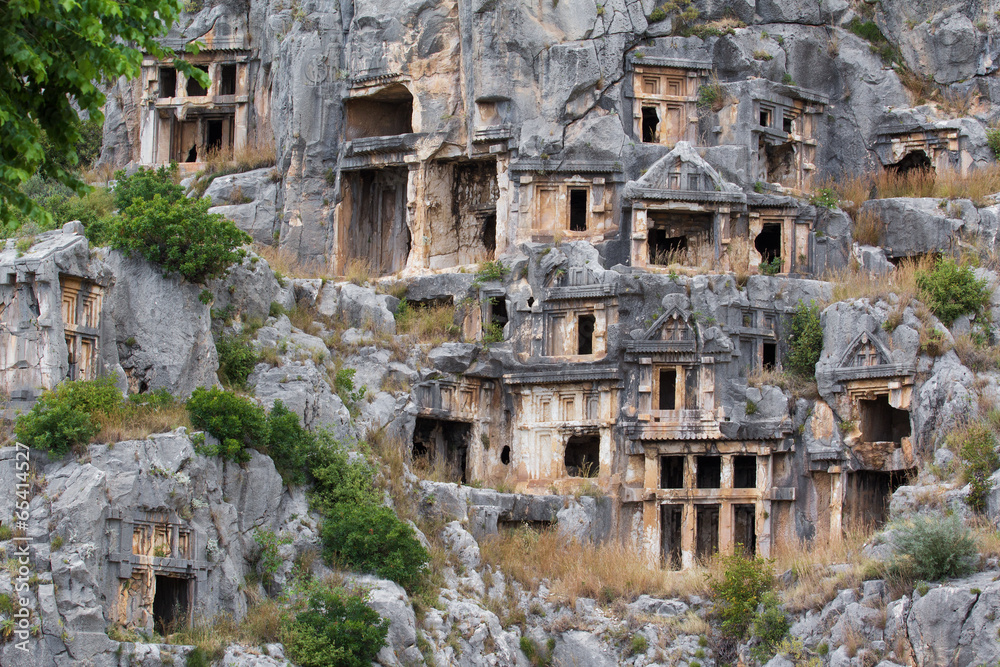 Ruins of ancient tombs in Myra, Turkey