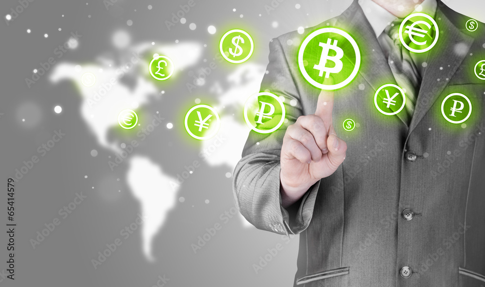 Choosing bitcoins, businessman pressing touch screen button. Choosing bitcoins, businessman pressing touch screen button.