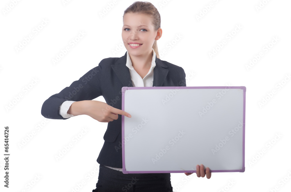 Woman businesswoman with blank board on white Woman businesswoman with blank board on white