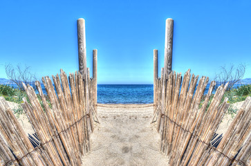 Fototapete Abstieg zum Strand Hölzerne Palisaden am Küstenpfad  © Gabriele Maltinti