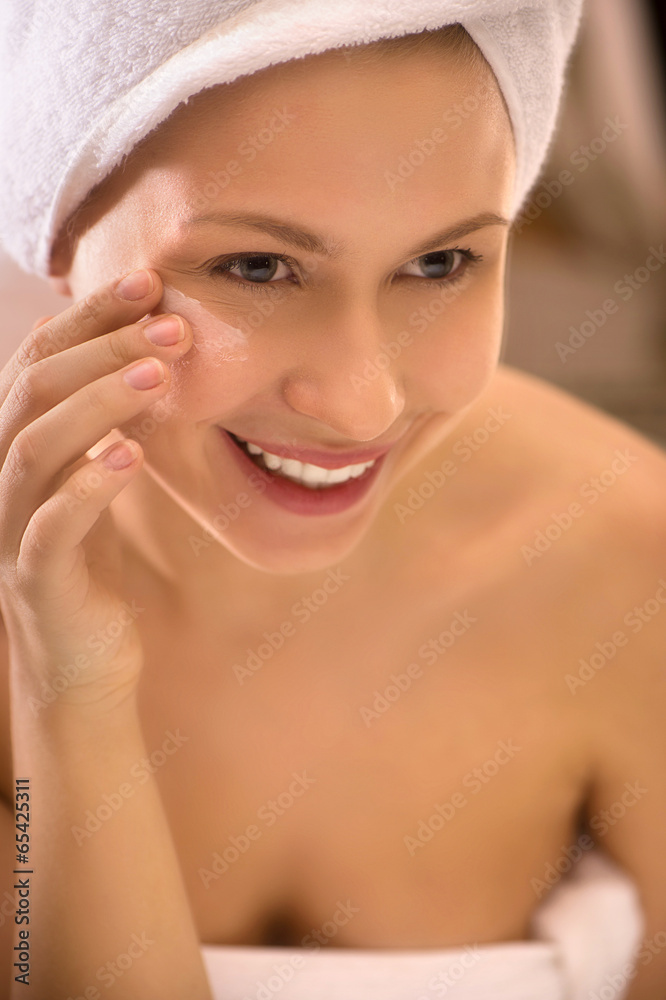 happy young woman touching face. happy young woman touching face.
