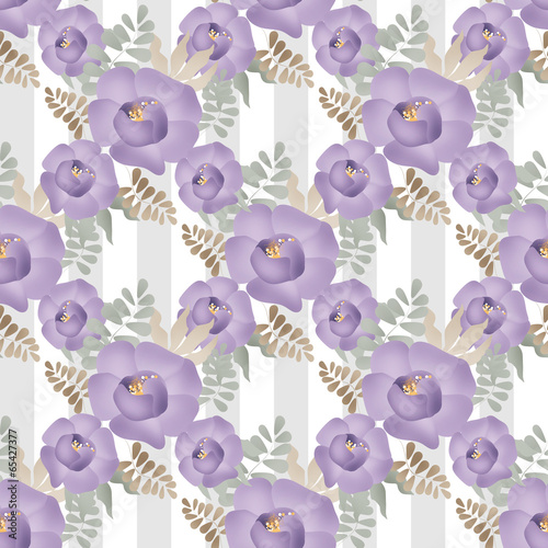 Purple flowers floral seamless pattern on striped background