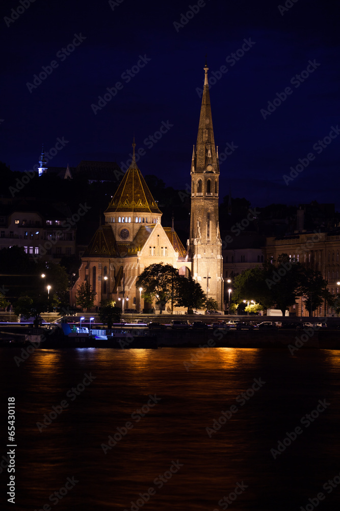Calvinist Church from Danube river at night