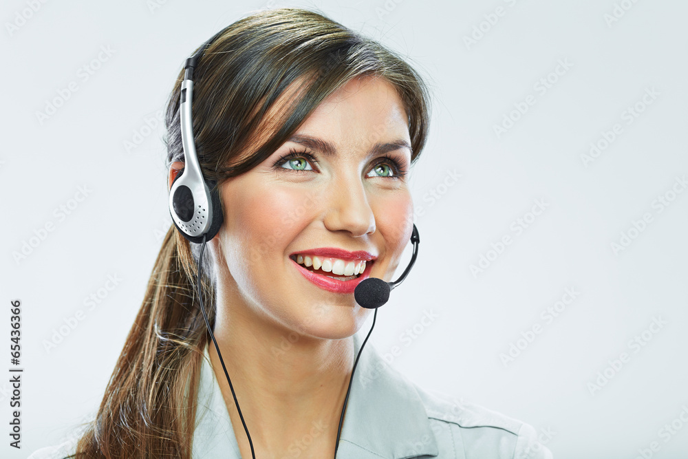 Portrait of woman customer service worker, call center smiling Portrait of woman customer service worker, call center smiling