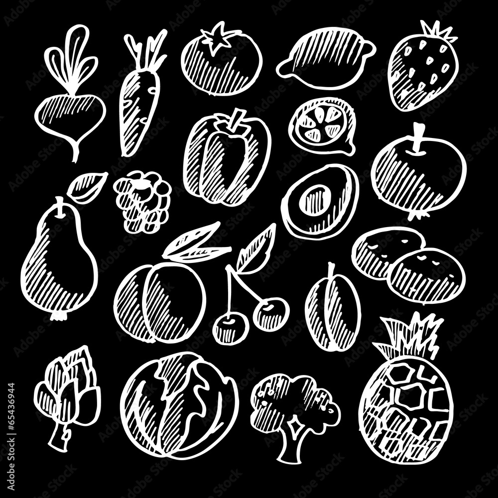 Obraz premium Chalk isolated vegetables and fruits doodle icons, vector