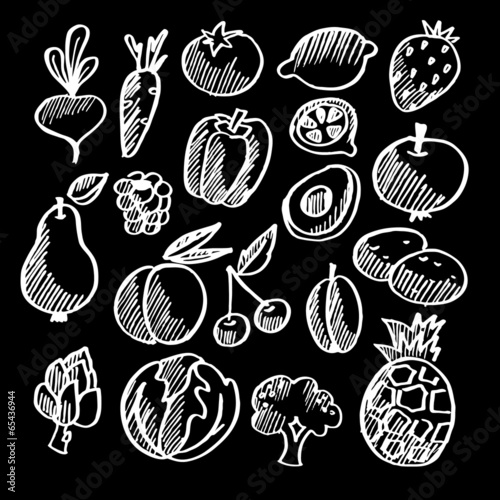 Chalk isolated vegetables and fruits doodle icons, vector
