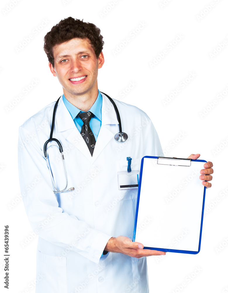 Young male smiling doctor showing clipboard with copy space for Young male smiling doctor showing clipboard with copy space for