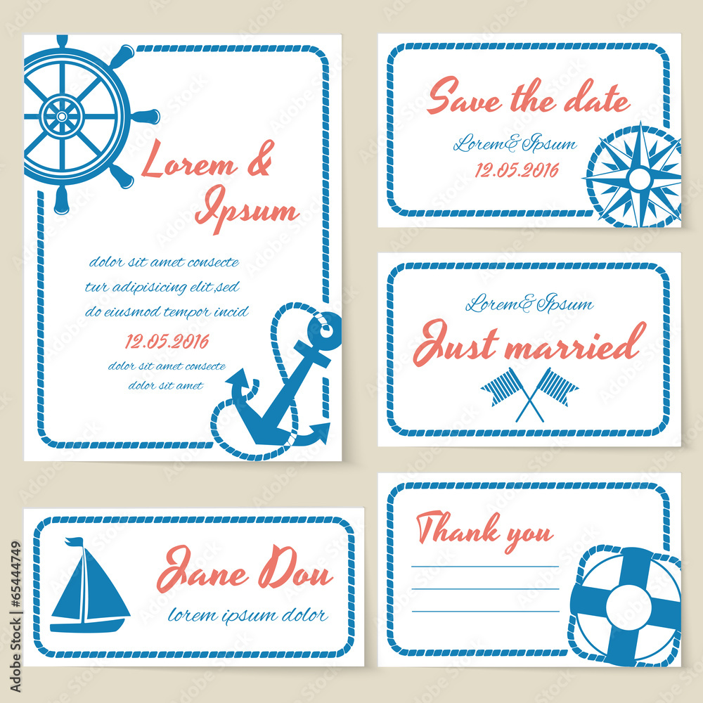 Fototapeta premium Nautical style wedding invitation and cards