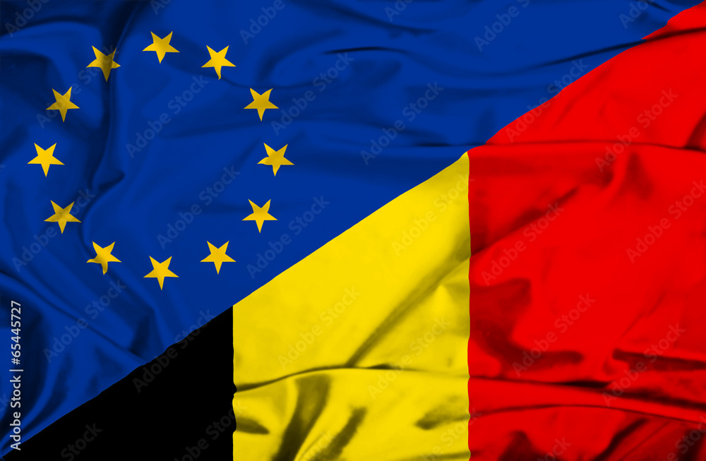 Waving flag of Belgium and EU