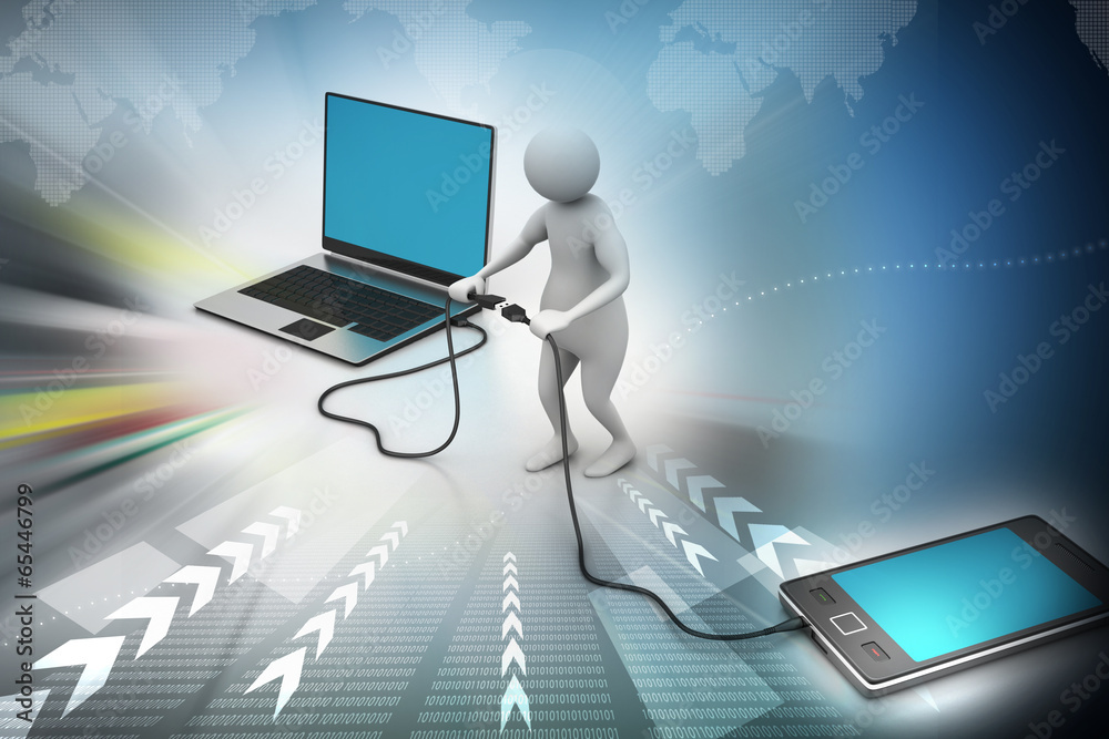 3d man connecting laptop and mobile 3d man connecting laptop and mobile