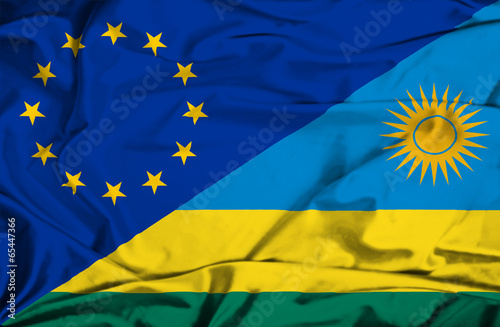 Waving flag of Rwanda and EU