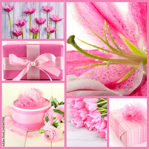 Fototapeta Naklejka Na Ścianę i Meble -  Collage of photos with flowers and gifts