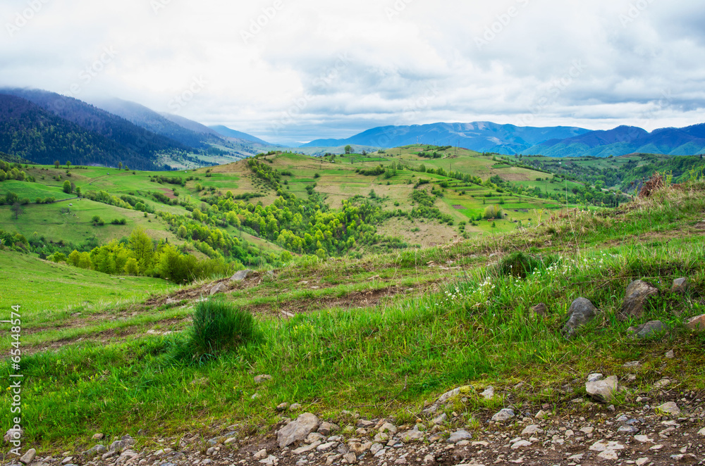 Obraz premium Mountain slopes with green meadow