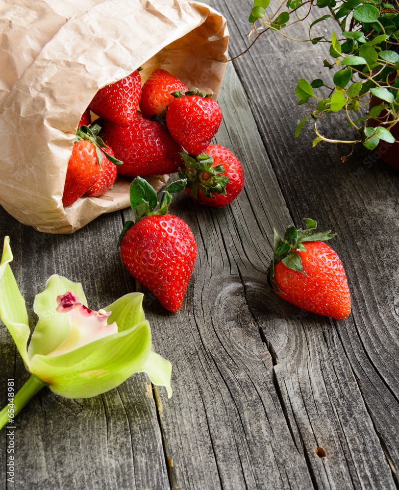 Strawberries on wooden table