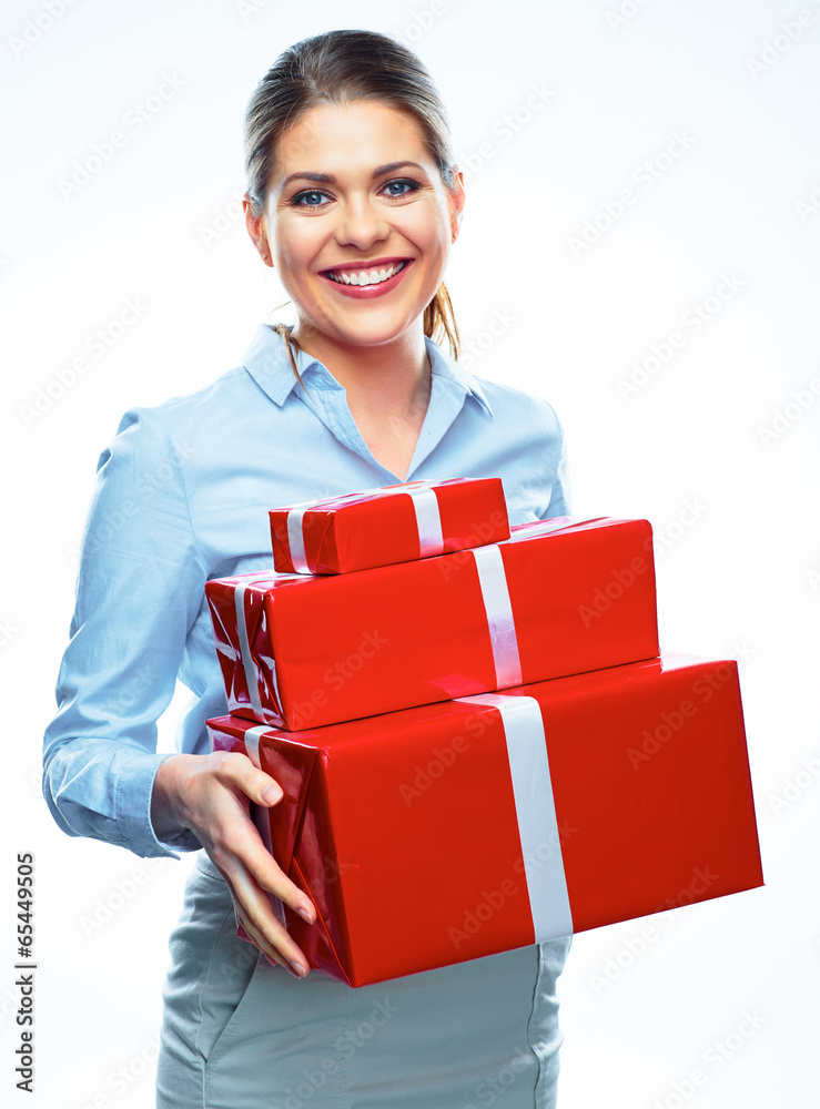 Smiling business woman with gift.