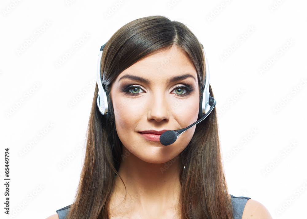 Woman customer service worker, call center smiling operator wi Woman customer service worker, call center smiling operator wi
