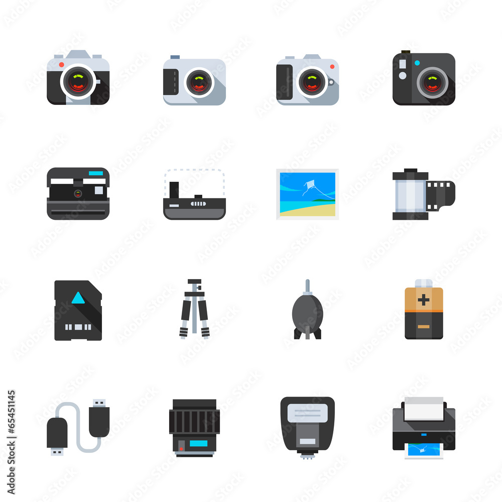 Camera and Camera Accessories Icons with White Background Camera and Camera Accessories Icons with White Background