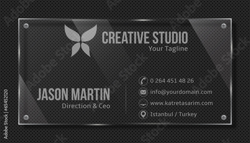 Decorative business card. Glass panel on metallic texture