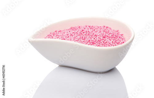 Pink sago pearls in a ceramic container