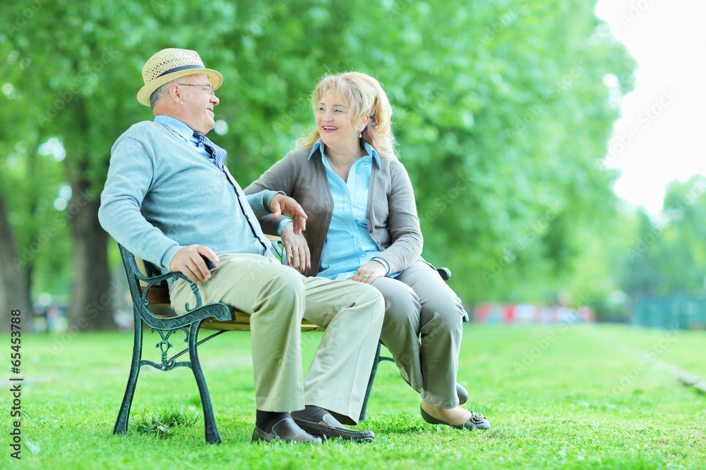 Elderly couple relaxing on a bench in park