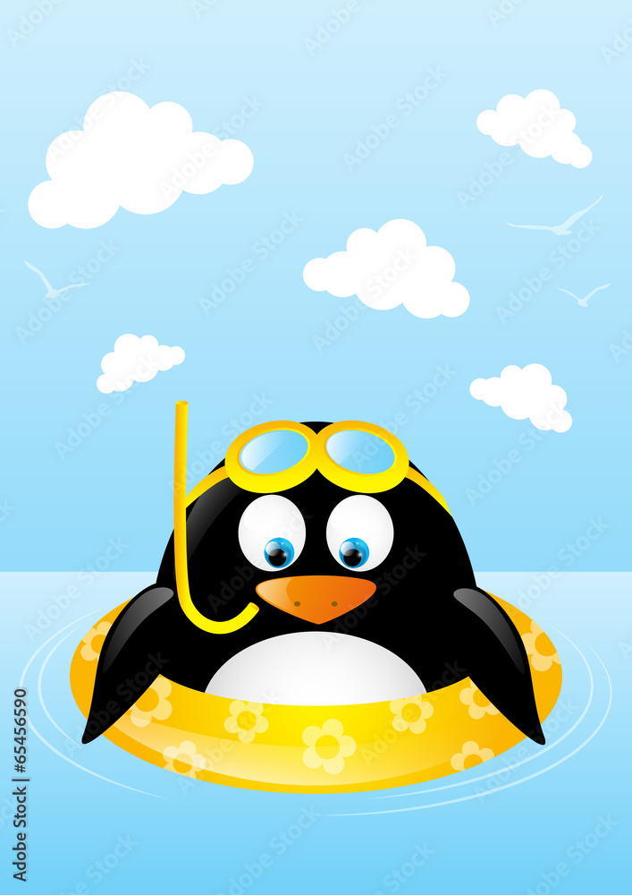 Fototapeta premium Funny swimming penguin with lifebuoy