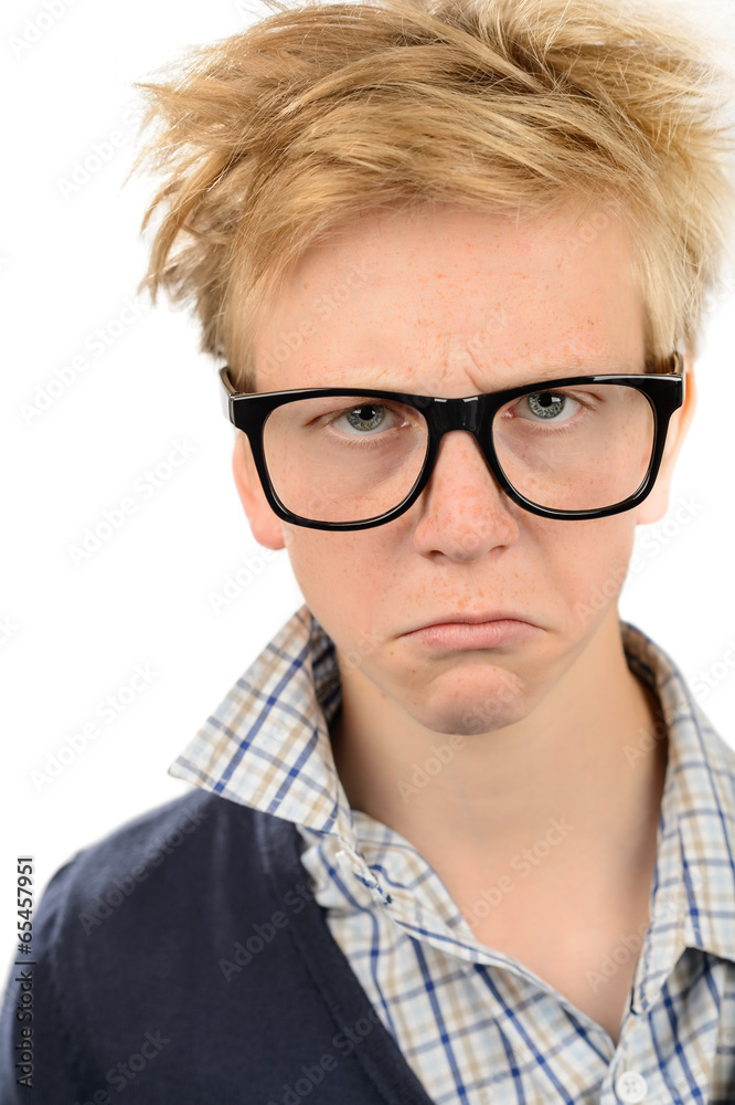 Angry nerd boy wearing geek glasses