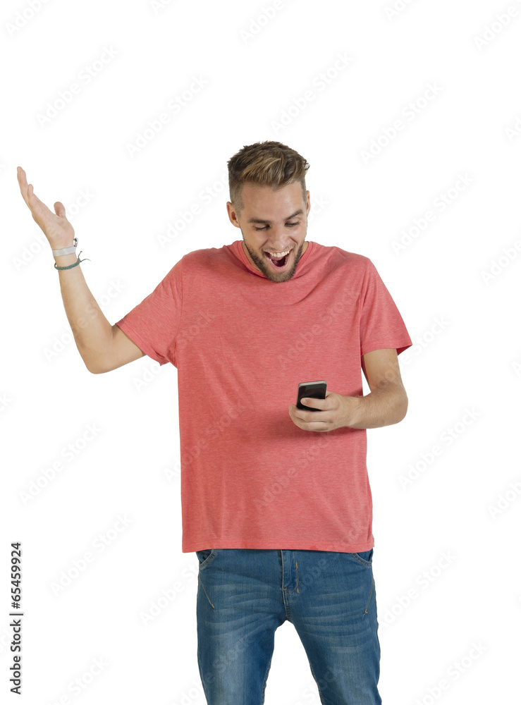 Young handsome guy reading message on mobile phone Young handsome guy reading message on mobile phone