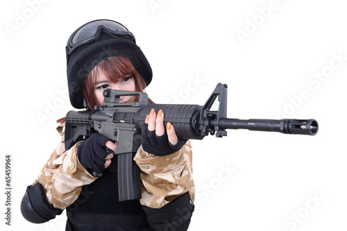 Female soldiers in combat suit .