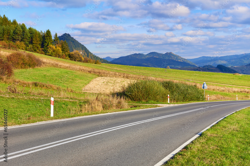 Highway by The Pieniny Mountains landscape. Way in Carpathians.