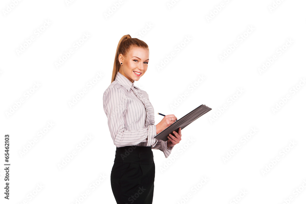 pretty business woman with folder and pen in hand pretty business woman with folder and pen in hand