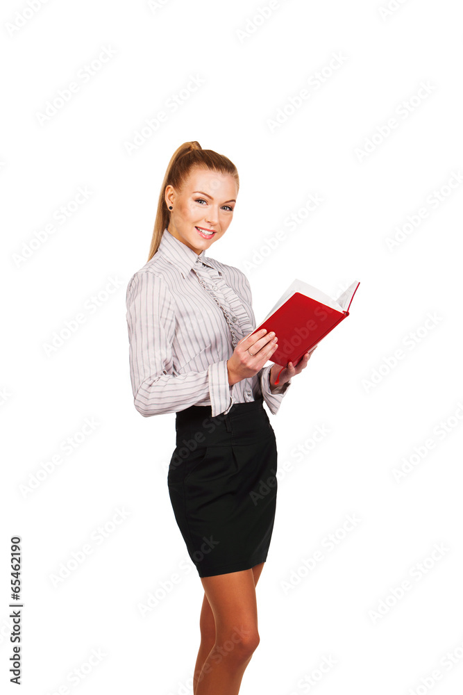 Woman with red book in hands standing Woman with red book in hands standing