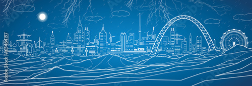 Night city in mountains, vector industrial panorama, storm