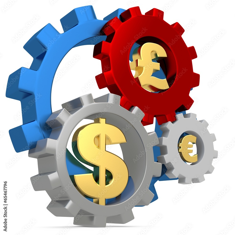 3d Gears with dollar, pound and euro signs 3d Gears with dollar, pound and euro signs