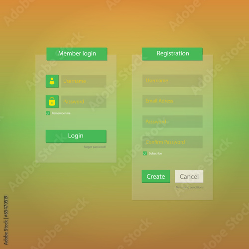 Member login and registration form ul elements, flat design