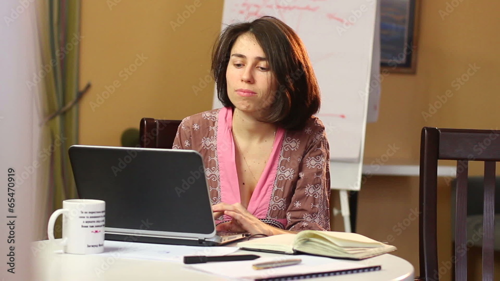 Woman house keeper working over internet at home, freelance job Woman house keeper working over internet at home, freelance job