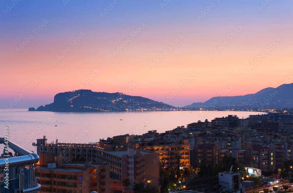 Cityscape of Alanya in the sunset.